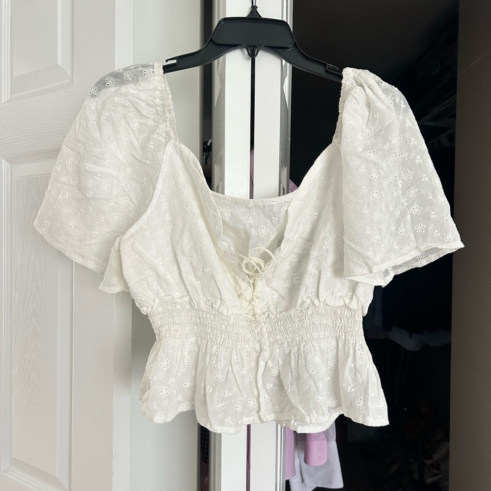 White Eyelet Lace-Up Women's Top